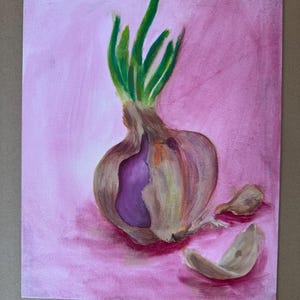 Onion Still Life Painting – Purple Onion Oil Painting – Kitchen Veg Art – Moody Food Wall Art – “Greening Onion”
