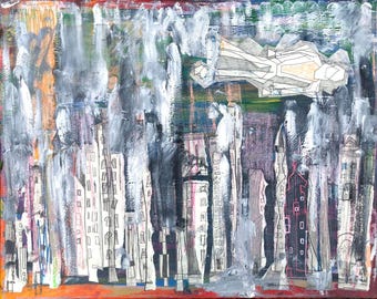 Original Abstract Mixed Media Art, 16″ x 20", Canvas, Bold Textured Wall Art, "NYC, April 2020, Au-dessus de la ville," Unique Gift