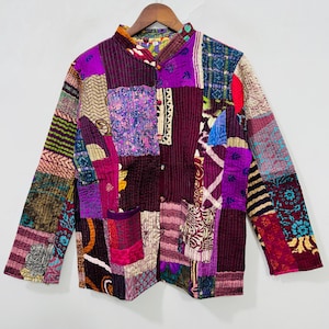 Giacca trapuntata vintage in seta patchwork / Cappotto corto reversibile indiano boho fatto a mano