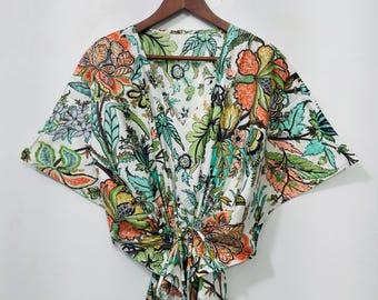 Indian Cotton Kaftan | Boho Floral Beach Wear, Handmade Printed Maxi Dress