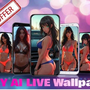 May include: Five smartphones displaying AI-generated images of women in lingerie and swimwear. The phones are arranged against a purple and pink bokeh background. The text "BUNDLE OFFER" and "EXCLUSIVE" are visible.