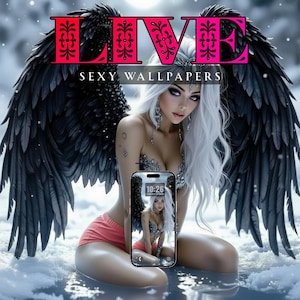 Puede incluir: Ilustración digital de una mujer con cabello blanco, alas negras y una corona plateada. Incluye el texto "LIVE" en rosa y negro y "SEXY WALLPAPERS". Un smartphone muestra una imagen similar.