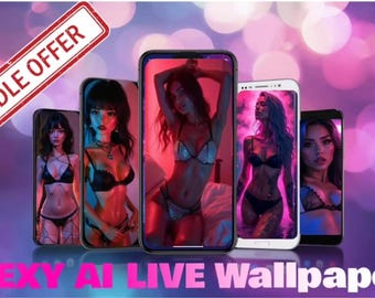 Pode incluir: Cinco smartphones exibindo imagens geradas por IA de mulheres em lingerie. Os telefones estão dispostos em uma fileira contra um fundo desfocado com o texto "5 SEXY AI LIVE Wallpapers" e uma faixa "BUNDLE OFFER".