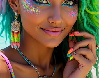 May include: A woman with vibrant makeup and colorful hair. Her face is adorned with rainbow glitter, bright blue eyeshadow, and long black eyelashes. She wears a beaded necklace and earrings with colorful tassels. Her nails are painted in a rainbow gradient.