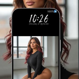 Puede incluir: Anuncio de fondo de pantalla para smartphone con la palabra "LIVE" en rosa. La pantalla del teléfono muestra a una mujer con un body negro. La hora es 10:26, sábado 21 de septiembre.