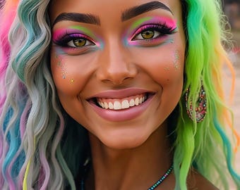 May include: A smiling person with vibrant rainbow-colored hair and eye makeup. The makeup features pink, green, and blue hues. The person wears a beaded necklace and a colorful top. The image is a close-up, highlighting the person's features and colorful style.