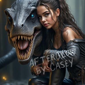 Può includere: Illustrazione digitale di una donna con lunghi capelli castani, vestita di nero, che abbraccia un grande dinosauro grigio con occhi blu. L'immagine contiene il testo "AFTERGLOW BY CASEY".