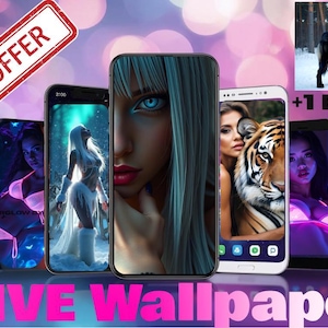 Op de afbeelding: Vijf smartphones met live wallpapers, waaronder een vrouw met blauwe ogen, een vrouw met een tijger en een vrouw in een winters tafereel. De afbeelding bevat de tekst "Bundle Offer" en "+1 Bonus!"