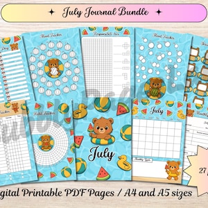 Diario de oso sandía - Planificador imprimible de julio - Planificador mensual lindo - Diario precoloreado - Páginas de diario imprimibles - Calendario de diario