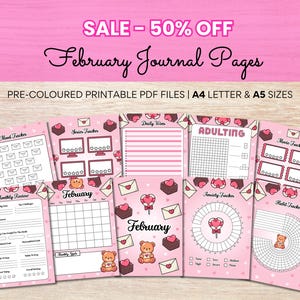 February Journal Bundle - Teddy Bear Love Letters - PRE-COLOURED Pages - February Planner - February Agenda - Printable Planner