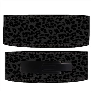 May include: A black weightlifting belt with a dark grey leopard print design. The belt has a black buckle and is designed for support during weightlifting. The belt is shown from two different angles.