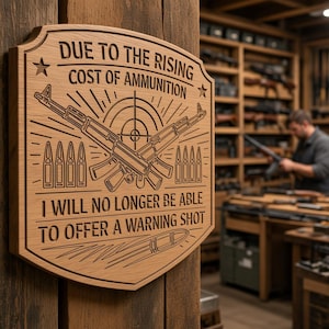 Peut inclure: Une plaque murale en bois en forme de bouclier avec le texte gravé : DUE TO THE RISING COST OF AMMUNITION I WILL NO LONGER BE ABLE TO OFFER A WARNING SHOT. Le motif comprend deux fusils croisés, un réticule de visée et des icônes de balles.