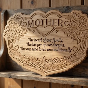 Op de afbeelding: Houten plaat met het woord "MOTHER" bovenaan gegraveerd, omlijst door bloemen- en hartmotieven. De plaat bevat de tekst: "Het hart van onze familie, De bewaarder van onze dromen, Degene die onvoorwaardelijk liefheeft."