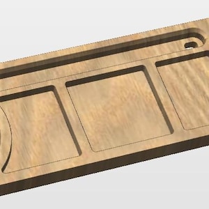 Op de afbeelding: Een houten bureau-organizer met een lichtbruine afwerking. Het heeft twee ronde bekerhouders, drie rechthoekige compartimenten en een kleine sleuf. De organizer is ontworpen om diverse bureau-artikelen in op te bergen.