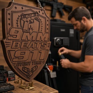 Può includere: Una targa da parete in legno scuro a forma di scudo con l'incisione di una pistola, il testo 9MM BEATS 911 EVERY TIME e tre bossoli di proiettile nella parte inferiore. La targa è appesa a una catena in metallo argentato.