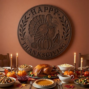 Może przedstawiać: Okrągła tablica ścienna z ciemnego drewna z rzeźbionym indykiem, dyniami i liśćmi oraz napisem HAPPY THANKSGIVING. Tablica wisi nad stołem jadalnym zastawionym pieczonym indykiem, ciastem dyniowym i różnymi dodatkami do posiłku.