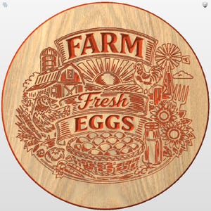 Puede incluir: Un letrero redondo de madera con temática de granja. El letrero presenta las palabras "FARM Fresh EGGS" en una pancarta, junto con ilustraciones de un granero, un gallo, un molino de viento, girasoles y una cesta de huevos. El diseño es de color marrón rojizo.