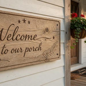 May include: A wooden sign with the words "Welcome to our porch" engraved in a script font. The sign is rectangular with decorative edges and is mounted on a white clapboard wall. The porch has a rocking chair and hanging flower baskets.