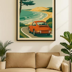 Pósters de coches antiguos, decoración mural del País Vasco francés, océano Atlántico (marco incluido)