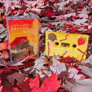 May include: Two cassette tapes with the text "AUTUMN ROUTES" are displayed on a bed of red and orange autumn leaves. One tape is yellow with a strawberry and a camouflage design. The other tape is in a clear case with a landscape design.