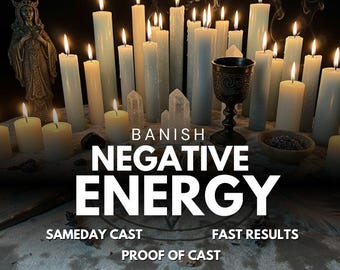 以下が含まれることがあります： 点灯したキャンドル、クリスタル、聖杯の配置。テキスト「BANISH NEGATIVE ENERGY」が目立つように表示されています。追加のテキストには「SAMEDAY CAST」、「FAST RESULTS」、「PROOF OF CAST」が含まれています。