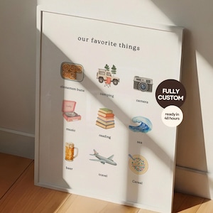Lámina personalizada «Nuestras cosas favoritas» – Decoración de pared personalizada para parejas, regalo de aniversario de compromiso, póster digital.