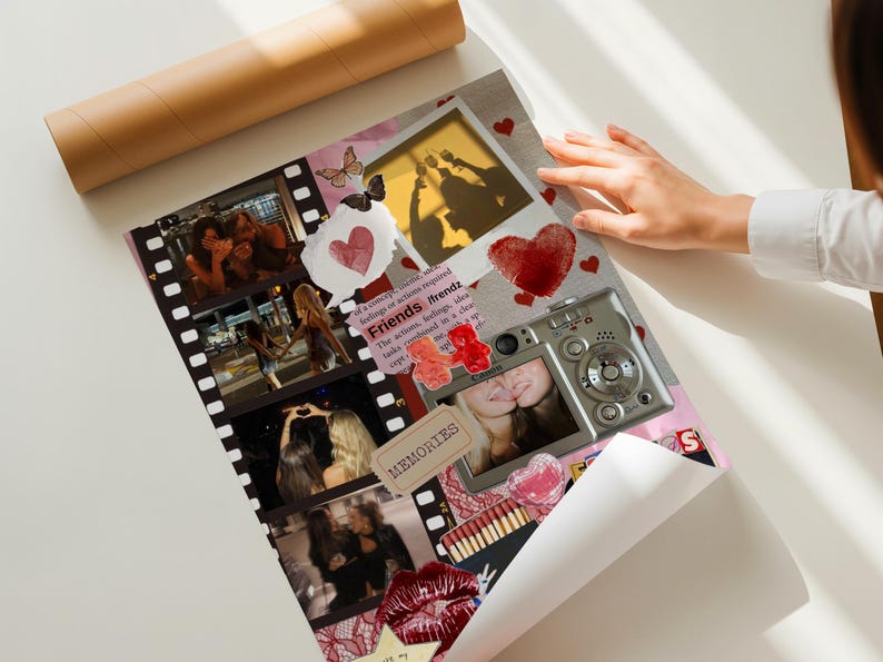 Pode incluir: Uma impress&atilde;o de colagem de fotos personalizada com v&aacute;rias imagens dispostas em um design de tira de filme. A colagem inclui imagens de amigos, cora&ccedil;&otilde;es e uma c&acirc;mera. A palavra "Friends" &eacute; vis&iacute;vel.