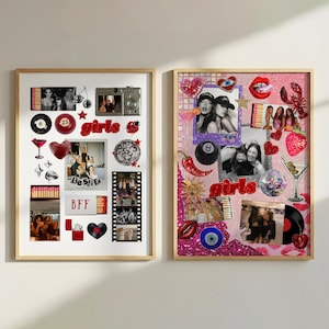 May include: Two framed collages with light wood frames. One features a white background with red accents, photos, and the word "girls". The other has a pink glitter background with photos, red accents, and the word "girls".
