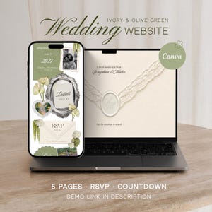 May include: A smartphone and a laptop displaying an ivory and olive green wedding website template. The screen shows a digital invitation with floral accents, a vintage silver frame, an RSVP envelope, and text reading A letter awaits you from Seraphina & Matteo.