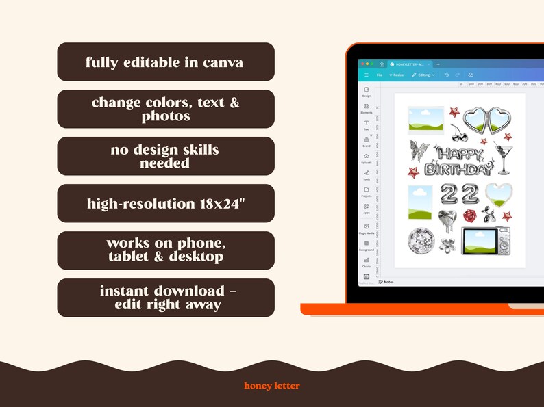 May include: A laptop displays a digital design with birthday-themed graphics. Text on the screen includes "HAPPY BIRTHDAY" and the number "22". Additional text on the left side of the image states: "fully editable in canva", "change colors, text & photos", and "high-resolution 18x24".