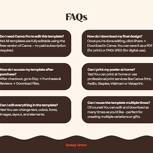 May include: A beige graphic with the title "FAQs" and six text boxes with questions and answers about a template. The text boxes are brown with rounded corners. The bottom of the graphic has the text "honey letter".