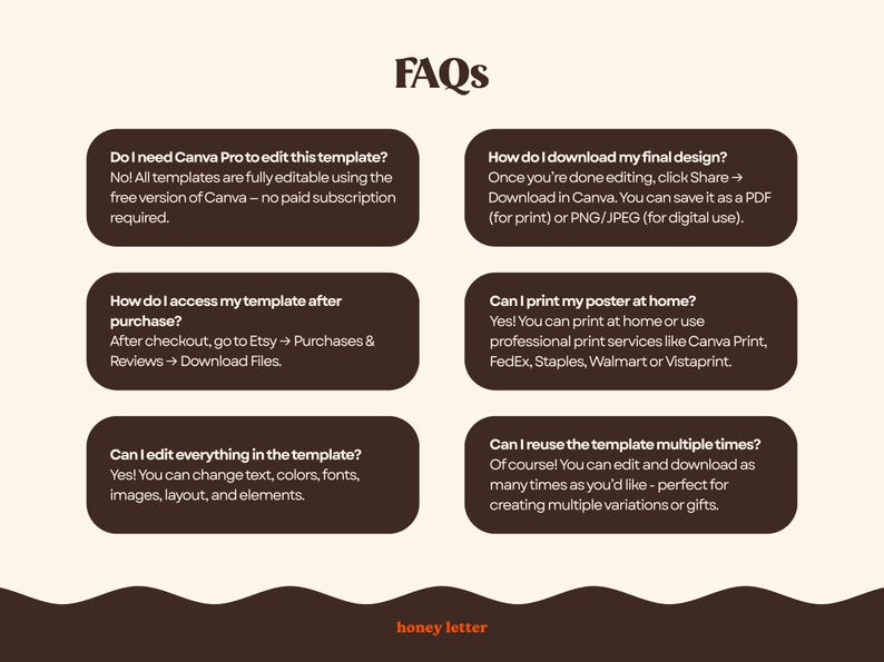 May include: A beige graphic with the title "FAQs" and six text boxes with questions and answers about a template. The text boxes are brown with rounded corners. The bottom of the graphic has the text "honey letter".