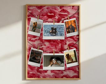 May include: A wooden framed display board with a red background patterned with lipstick kisses. Six polaroid-style photos are clipped to strings with small wooden clothespins. The photos depict couples and scenic views.