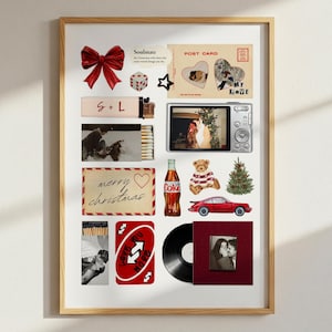 May include: A framed collage featuring various decorative elements. Includes a red bow, a postcard with heart-shaped cutouts, a digital camera, a Coca-Cola bottle, a teddy bear, a red toy car, a vinyl record, and a red Uno card.