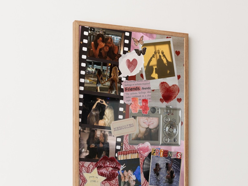 Pode incluir: Uma colagem emoldurada com fotografias, cora&ccedil;&otilde;es, borboletas e a palavra "Friends". A colagem inclui uma tira de fotos, uma foto em estilo polaroid e uma c&acirc;mera vintage. O esquema de cores inclui rosa, vermelho e castanho.