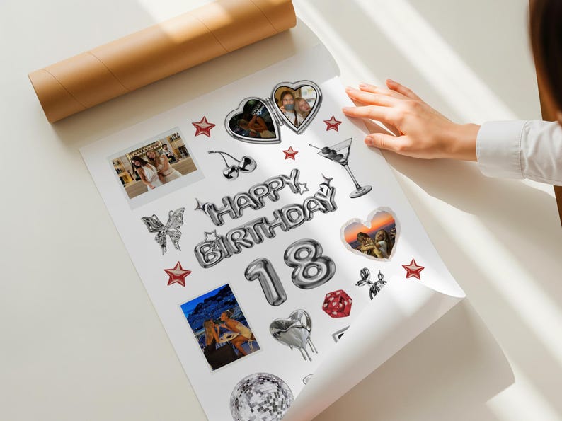 May include: A white sheet with various silver and red birthday-themed stickers, including a 'Happy Birthday' balloon design, the number '18', stars, hearts, and a martini glass. Photos are included in some of the heart-shaped stickers.