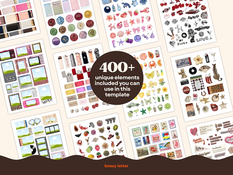 May include: A collection of digital stickers and elements, including frames, lighters, stamps, and various illustrations. The image includes the text "400+ unique elements included you can use in this template" and "honey letter".