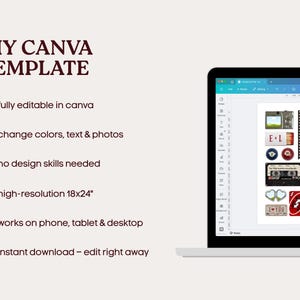 May include: A digital DIY Canva template displayed on a laptop screen, featuring a collection of retro-themed graphic elements. The text reads: DIY CANVA TEMPLATE, fully editable in canva, change colors, text & photos, no design skills needed, high-resolution 18x24", works on phone, tablet & desktop, instant download &ndash; edit right away.