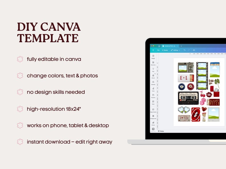 May include: A digital DIY Canva template displayed on a laptop screen, featuring a collection of retro-themed graphic elements. The text reads: DIY CANVA TEMPLATE, fully editable in canva, change colors, text & photos, no design skills needed, high-resolution 18x24", works on phone, tablet & desktop, instant download &ndash; edit right away.
