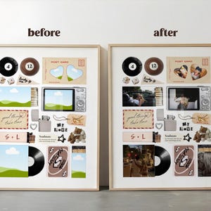 May include: Two framed collages with various items, including a black 8-ball, a brown 12-ball, postcards, a digital camera, a lighter, and a vinyl record. The text "before" and "after" are at the top.