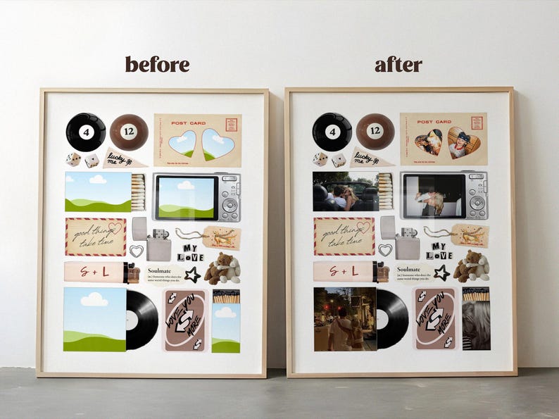 May include: Two framed collages with various items, including a black 8-ball, a brown 12-ball, postcards, a digital camera, a lighter, and a vinyl record. The text "before" and "after" are at the top.