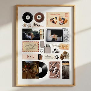 May include: A framed collage featuring a variety of items. Includes a black 4-ball, a brown 12-ball, a postcard with heart-shaped photos, a digital camera, a lighter, a vinyl record, and a deck of cards with the text "Love You More".