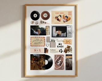 May include: A framed collage featuring a variety of items. Includes a black 4-ball, a brown 12-ball, a postcard with heart-shaped photos, a digital camera, a lighter, a vinyl record, and a deck of cards with the text "Love You More".