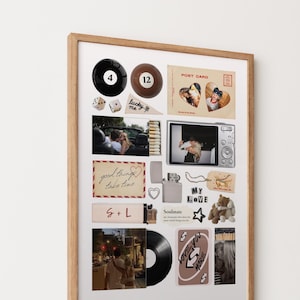May include: A framed collage featuring various items. Includes a black 8-ball, a brown 12-ball, dice, a postcard with heart-shaped photos, a digital camera, a lighter, and a vinyl record. Text includes "good things take time" and "Soulmate".