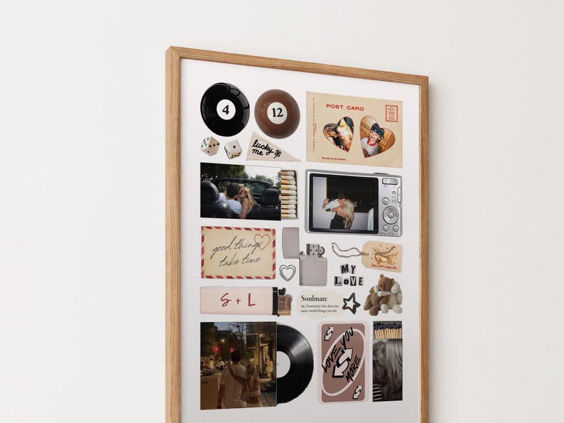 May include: A framed collage featuring various items. Includes a black 8-ball, a brown 12-ball, dice, a postcard with heart-shaped photos, a digital camera, a lighter, and a vinyl record. Text includes "good things take time" and "Soulmate".