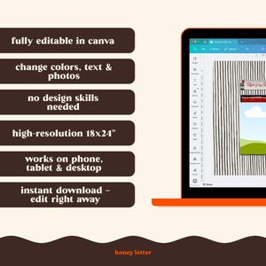 May include: A laptop displays a design template with a bookmark graphic. The template includes the text "Light of my Life" and features a landscape scene. Additional text on the left side states: "fully editable in canva", "change colors, text & photos", "no design skills needed", "high-resolution 18x24", "works on phone, tablet & desktop", and "instant download - edit right away".