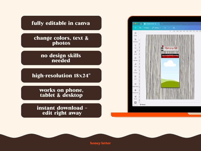 May include: A laptop displays a design template with a bookmark graphic. The template includes the text "Light of my Life" and features a landscape scene. Additional text on the left side states: "fully editable in canva", "change colors, text & photos", "no design skills needed", "high-resolution 18x24", "works on phone, tablet & desktop", and "instant download - edit right away".