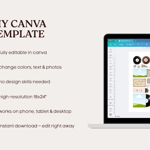 May include: A laptop displays a DIY Canva template with the text "DIY Canva Template". The template is fully editable, allowing users to change colors, text, and photos. It requires no design skills and offers high-resolution 18x24" designs, working on various devices.