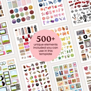 May include: A collection of digital sticker sheets featuring various illustrations. The sheets include images of frames, lighters, wax seals, and other decorative elements. A pink circle in the center reads "500+ unique elements included you can use in this template."
