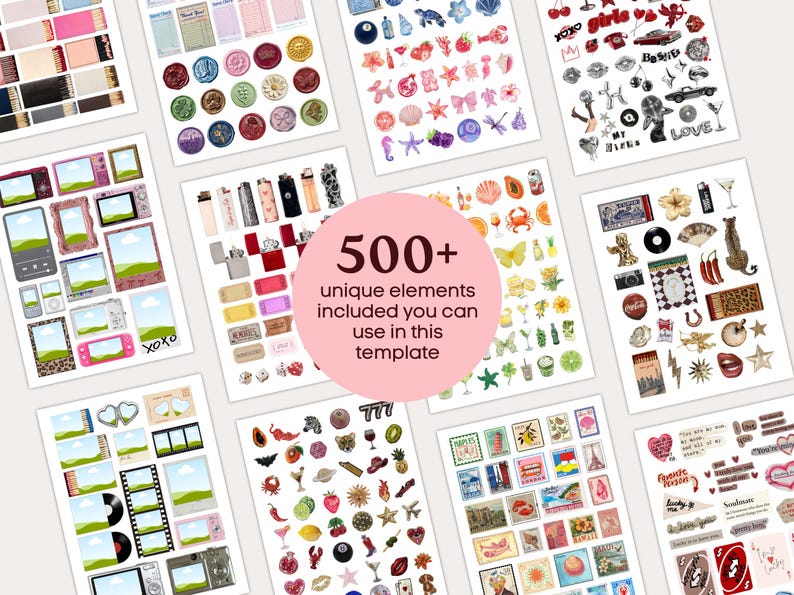 May include: A collection of digital sticker sheets featuring various illustrations. The sheets include images of frames, lighters, wax seals, and other decorative elements. A pink circle in the center reads "500+ unique elements included you can use in this template."